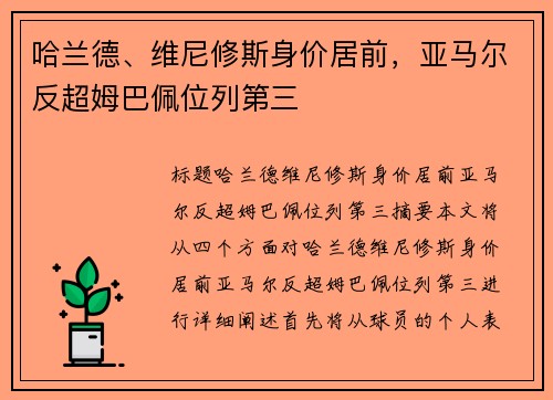 哈兰德、维尼修斯身价居前，亚马尔反超姆巴佩位列第三